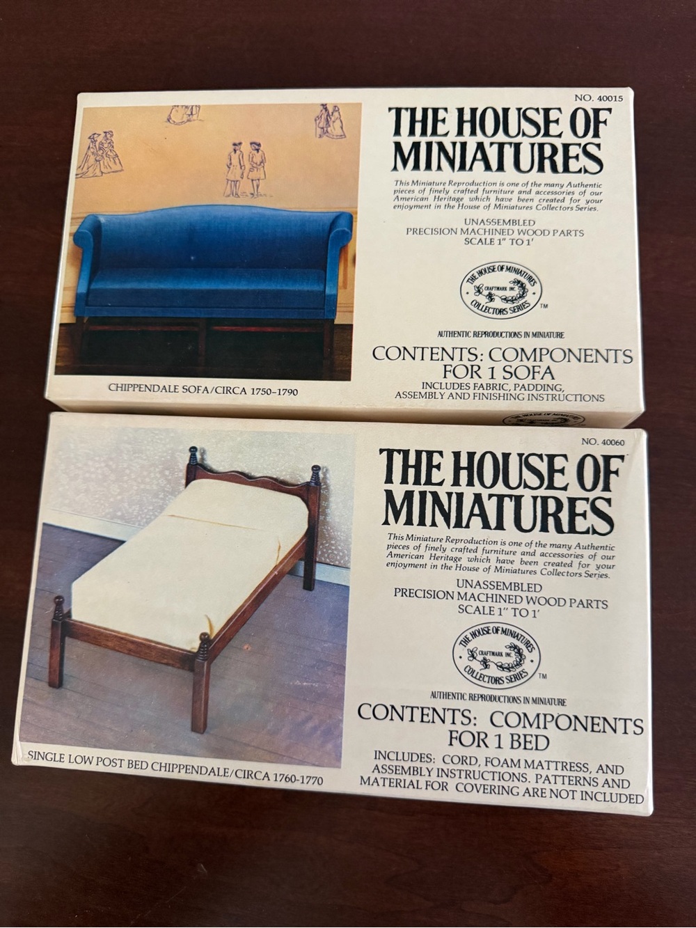 The House of Miniatures Chippendale Sofa & Bed Kits - Blue Sofa, Brown Bed